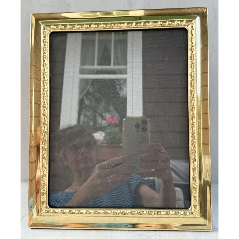 Vtg Solid Brass Picture Frame Geometric Border Easel Back 8x10 Photo #6627
